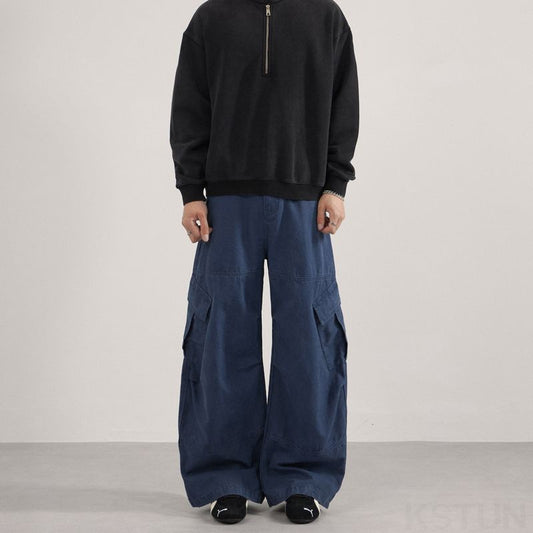 KSTUN 2025 Men Washed Vintage Cargo Pants 100% Cotton Loose Fit Oversize Multi-Pockets Trousers Blue Male Casual Scimitar Pants