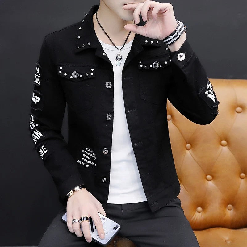 spring autumn New Men's Casual Cotton Denim Jacket Classic Style Fashion Slim Washed Retro Letter printing Jean Casual Coats