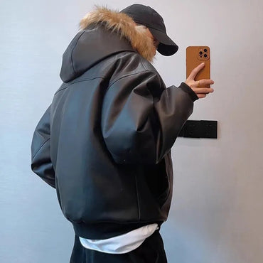 Winter American retro fashion brand handsome all-match warm detachable hat heavy PU leather cotton coat thickened jacket for men