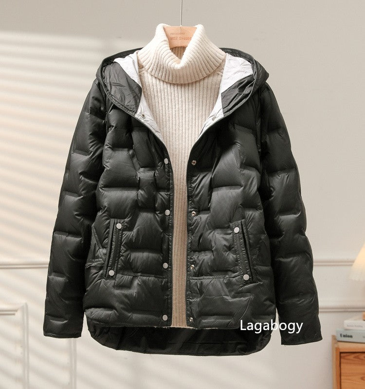 Lagabogy 2025 Autumn Winter Women White Duck Down Coat Casual Single Breasted Hooded Jacket Female Light Puffer Parka Outwear
