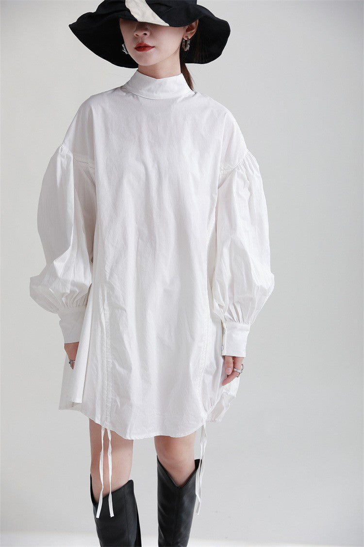 2025 Women Irregular Drawstring Big Size White Blouse New Stand Collar Long Sleeve Shirt Fashion Tide Spring Autumn