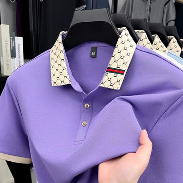 High quality men's short sleeve polo shirt summer light luxury business style comfort casual patchwork neckline fashion T-shirt