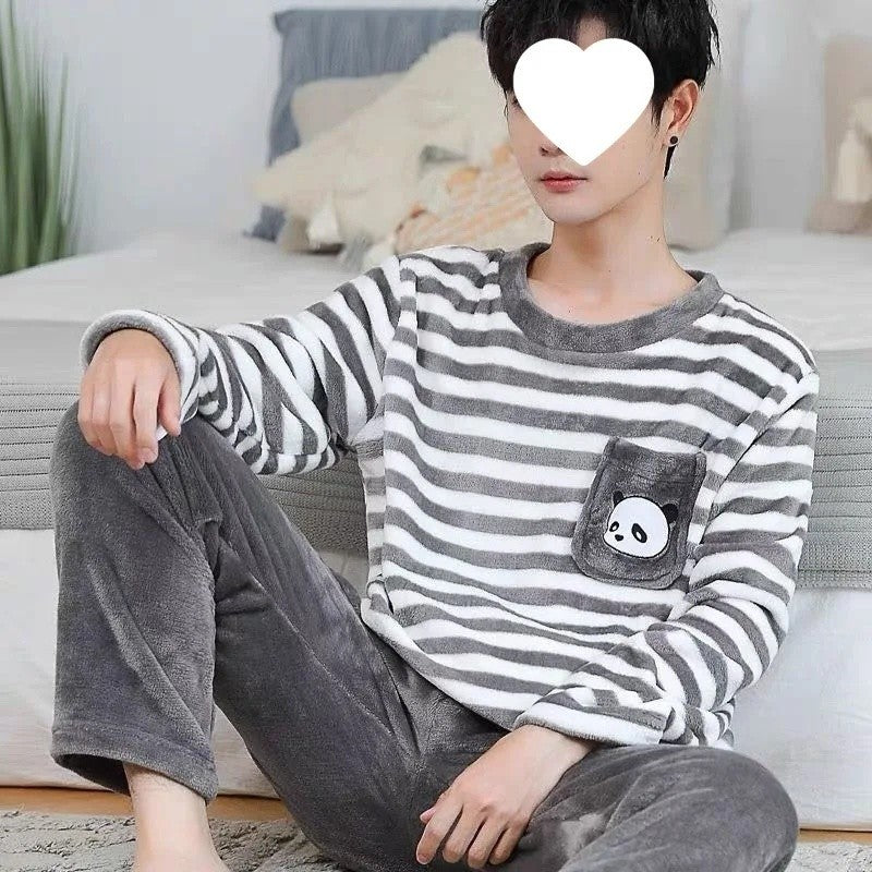 Thickened Flannel Sleepwear Set for Men Winter Home Clothes Coral Fleece Lined Autumn Winter Style Overhead Mens Nightgown