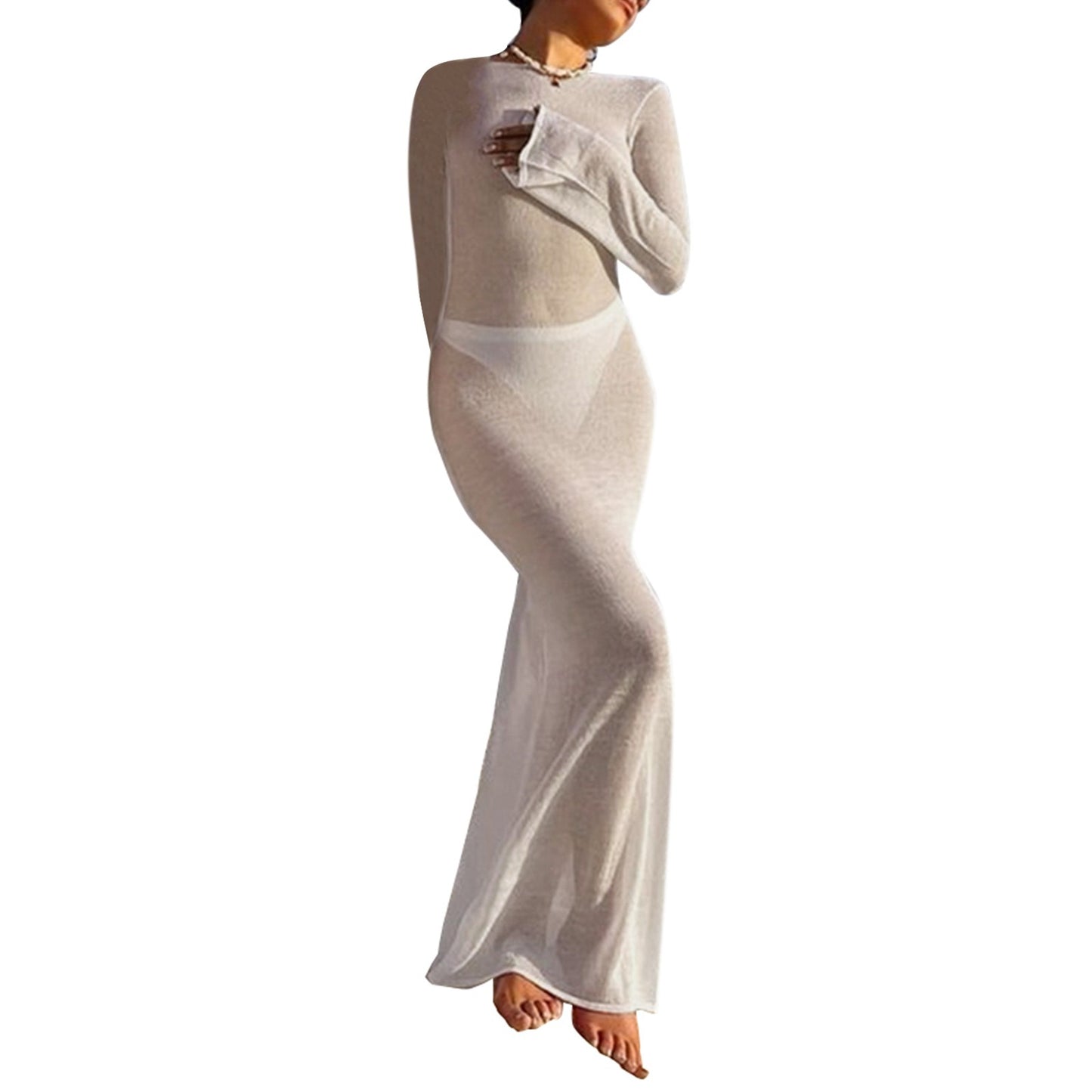 Fashion Women Wrapped Dress Long Sleeve Round Neck See Through Sunscreen Solid C