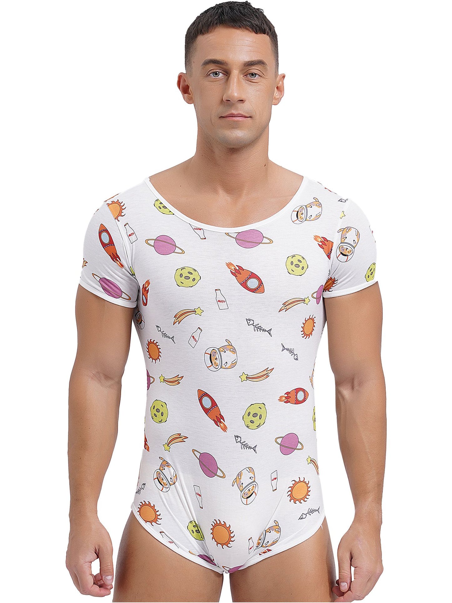 Mens Cute Cartoon Print Bodysuit Sissy Pajamas Short Sleeve Buttoned Crotch Diaper Rompers Gay Male Onesies Sleepwear Loungewear