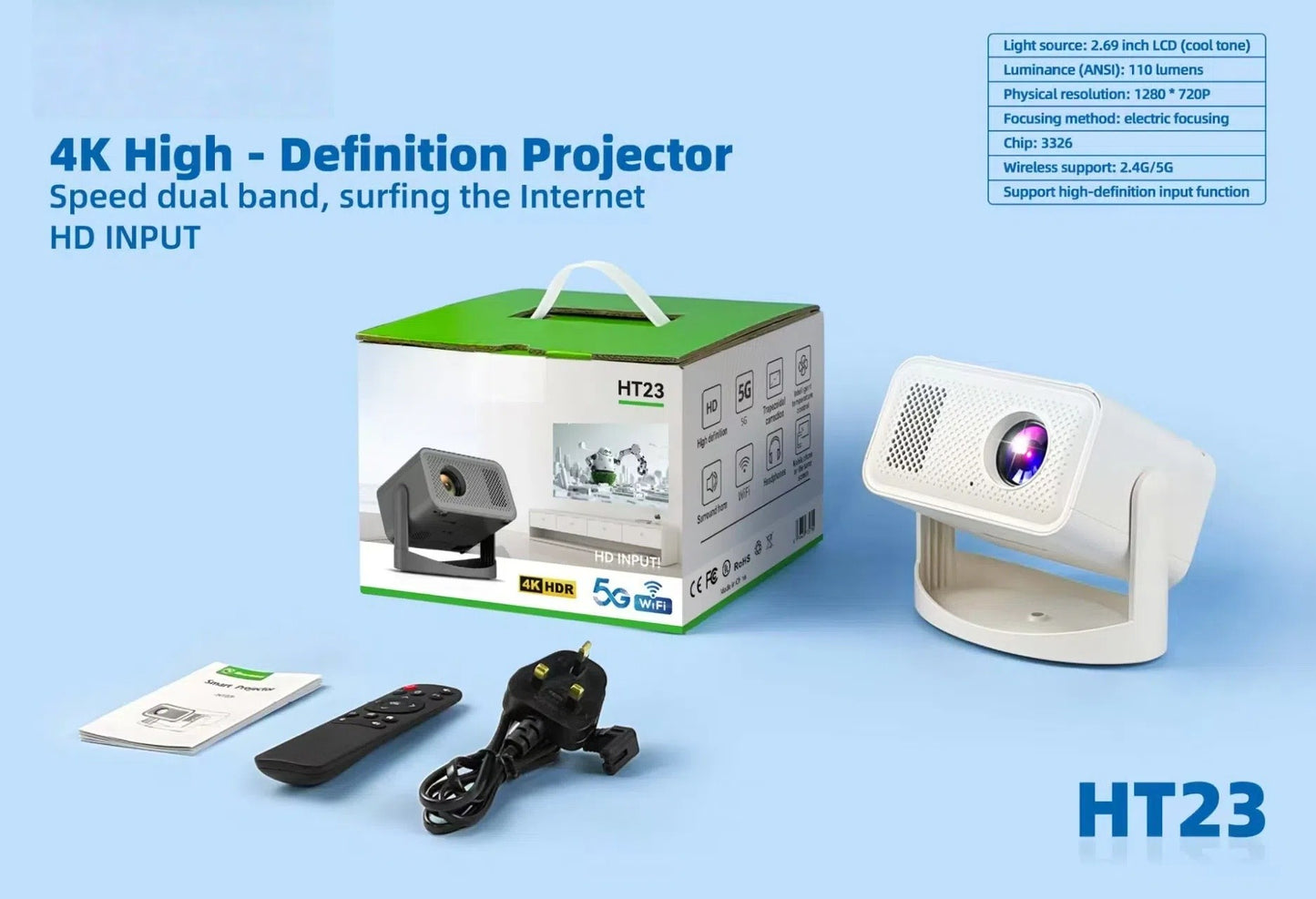 Projetor KaiAqua HT23 PLUS 4K Android 11 Dual Wifi6 260ANSI Allwinner H713 BT5.0 1080P 1280*720P Projetor Doméstico/Externo