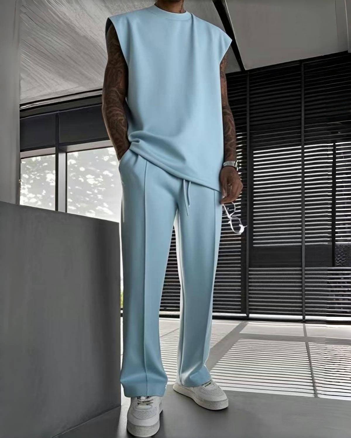 New summer sleeveless sports suit 2025 men's casual solid color trousers men's clothing vest two-piece set,