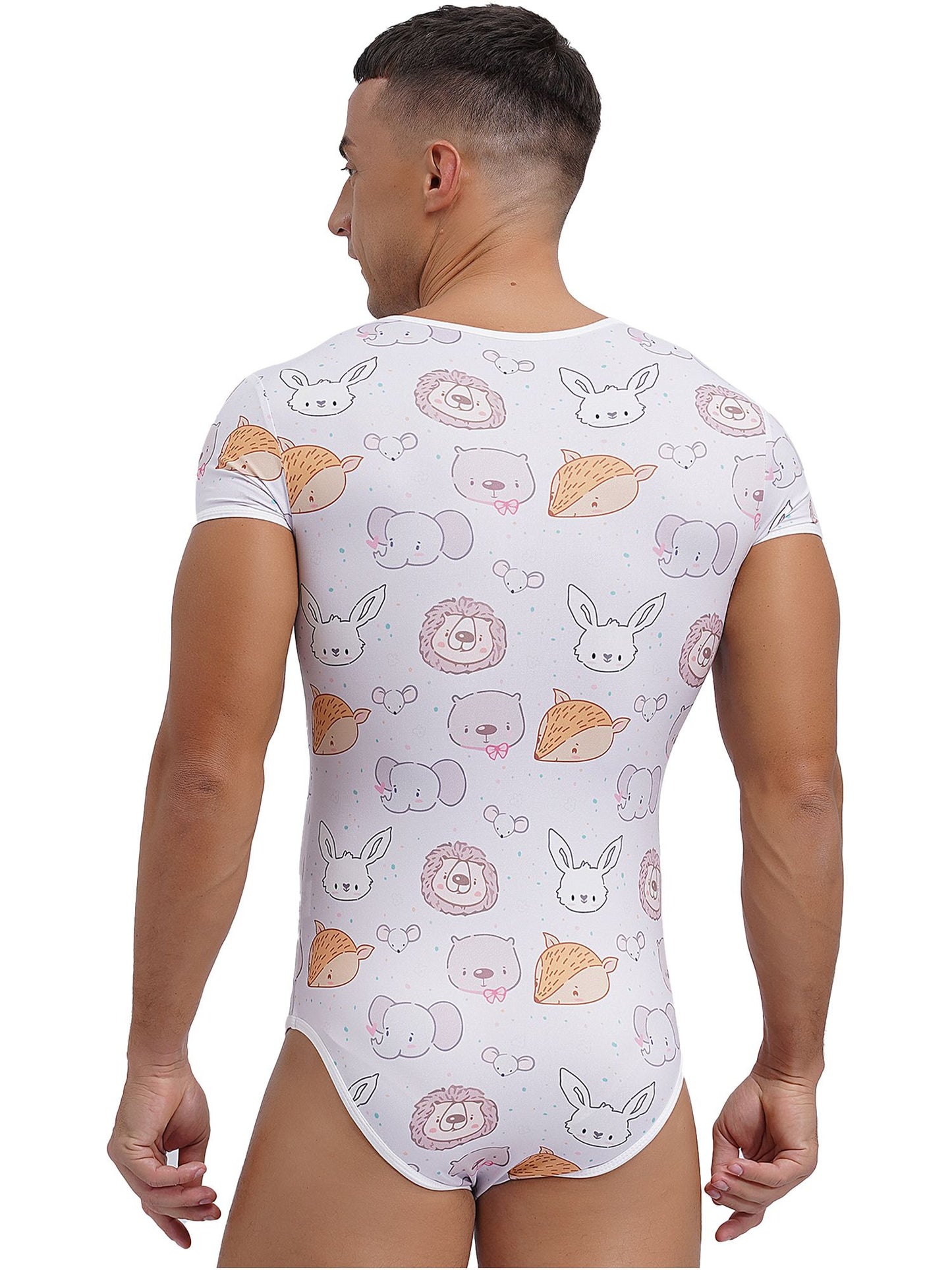 Mens Cute Cartoon Print Bodysuit Sissy Pajamas Short Sleeve Buttoned Crotch Diaper Rompers Gay Male Onesies Sleepwear Loungewear