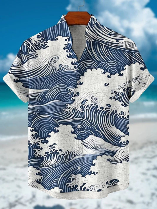 Summer Casual Men's Japanese Art Sea Wave Printed Linen Shirt Short Sleeve Stand up Collar Cardigan Breathable Top