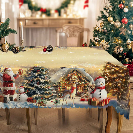 1Pc Vintage Khaki Christmas Tablecloth with Santa Claus Reindeer Sleigh Patterns, Christmas Decor 2025, Christmas Party Decoration