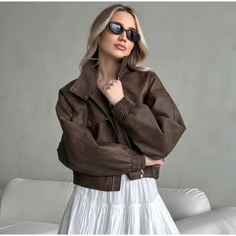 Full Sleeve Cropped Women Casual Slim Thin Motorcycle Coat Chic Zipper Lapel Wine Red Leather Jacket Lady New Highstreet Outwear