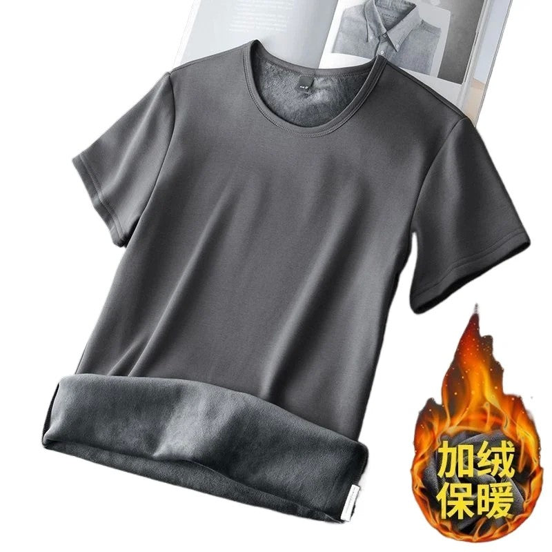Men Thermal Underwear Tops Fleece Thickened Short Sleeve T-Shirt Keep Warm Tees O-neck Solid Bottoming Shirt Thermo Pullover