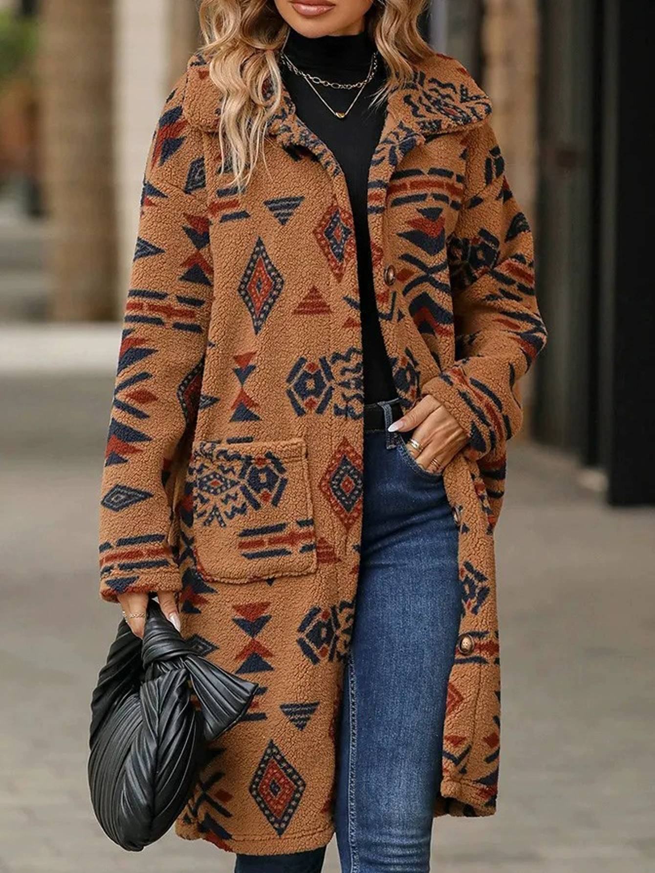 2025 New Women's Overcoat Jacket European American Style Single-breasted Ethnic Printed Fleece Long Length For Autumn Winter