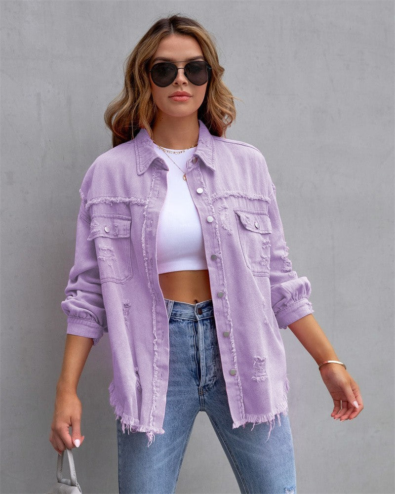 2025 Holes Raw-edges Denim Jacket Women Spring Autumn Shirt Style Jeancoat Casual Top Rose-Red Orange Purple Outerwear Lady Coat