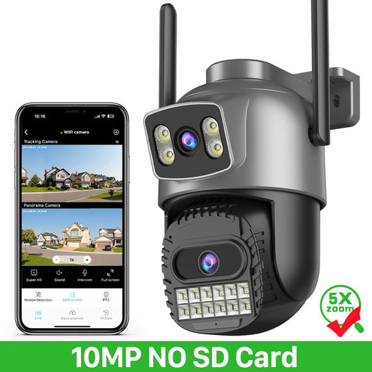20MP 10K PTZ Wifi Camera Four Lens 10X Zoom Surveillance Camera Outdoor 360°No Dead Angle Ultra Long Range Night Vision Security