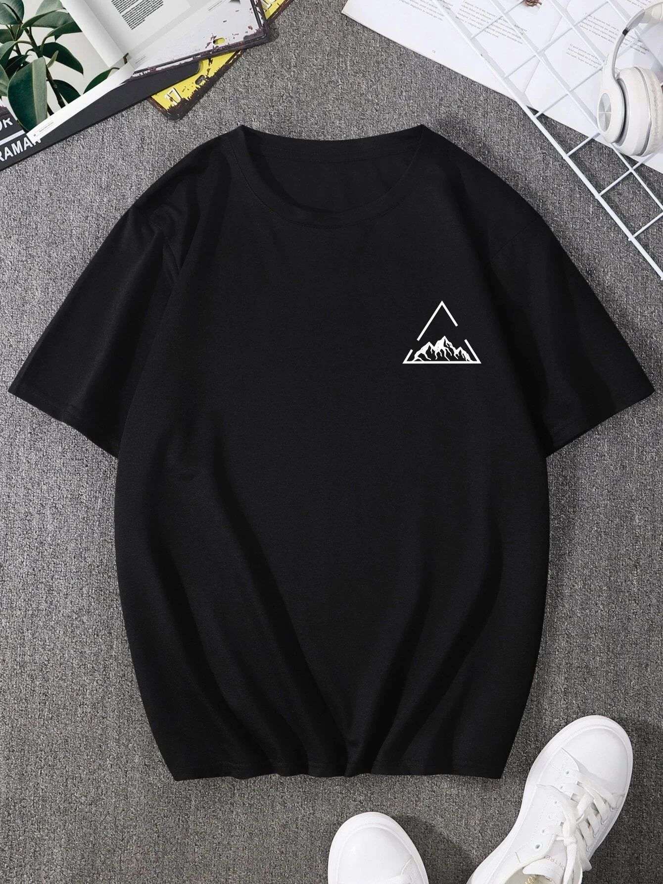 New Short Sleeved Hot Sell Mountain Peaks Printing Pure Cotton Tee Tops Round Neck White t Shirt Men Fashion Design T-Shirt