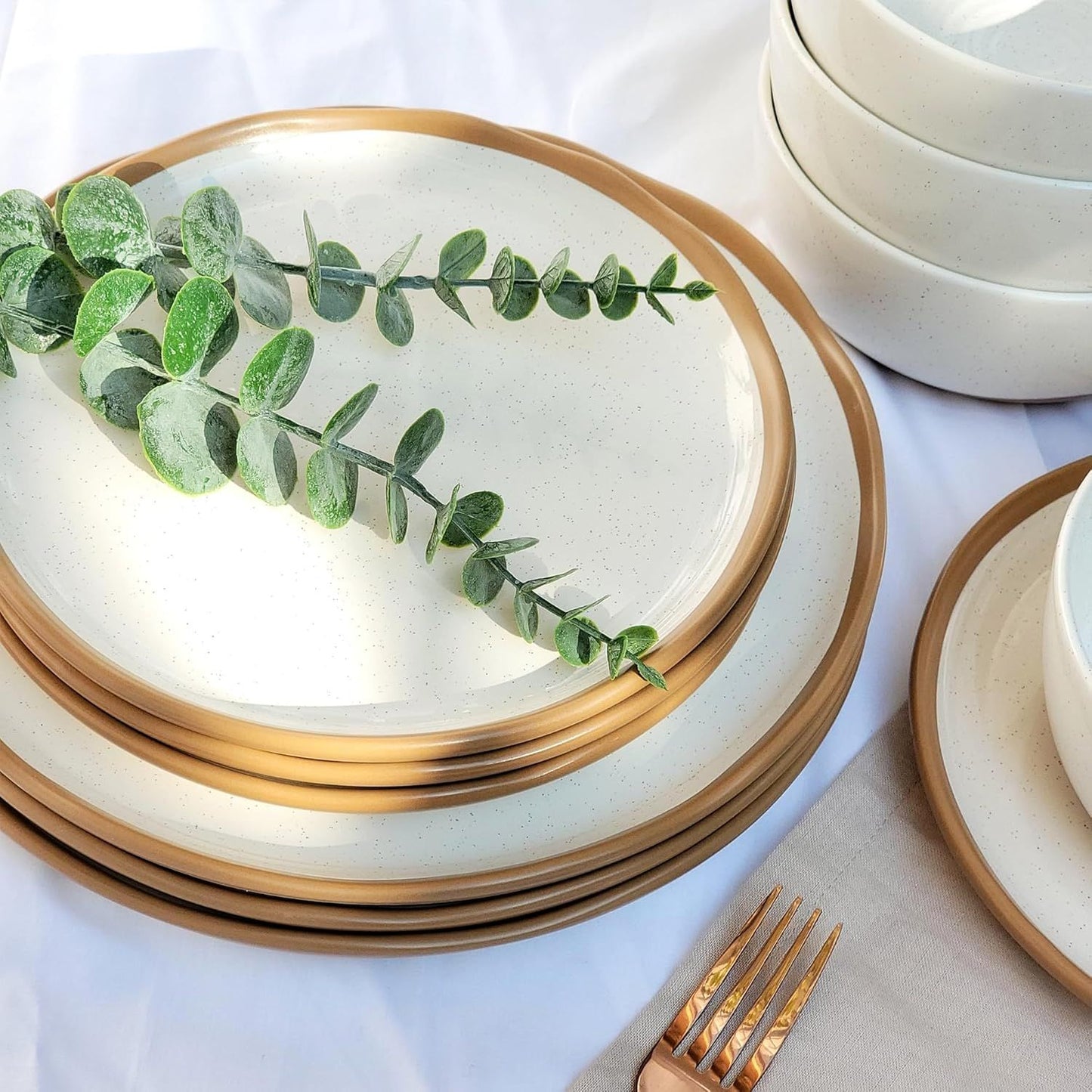Plates and Bowls Set, 12 Pieces Farmhouse Ceramic Dinnerware Sets, Scratch Resistance, Dishwasher Microwave Safe, Vanilla White