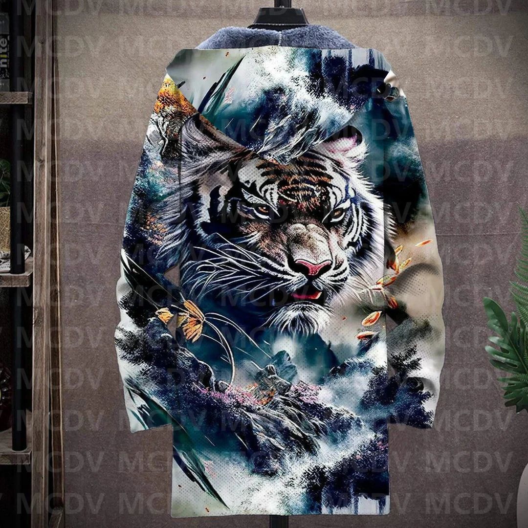 Men's Retro Print Plush Thick Long-Sleeved Coat Cardigan Tiger 3D Prined Fleece Hooded Overcoat Unisex Thick Warm Jacket