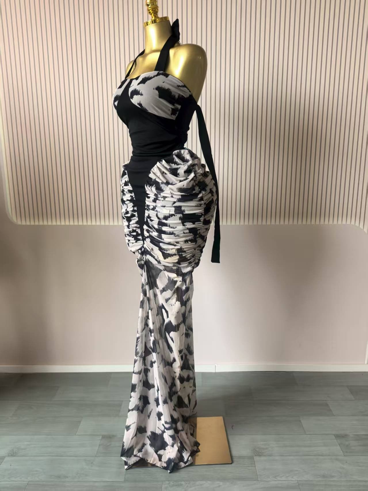 CM.YAYA Women Print Patchwork Stacked Ruched Long Sleeve Bodycon Midi Maxi Long