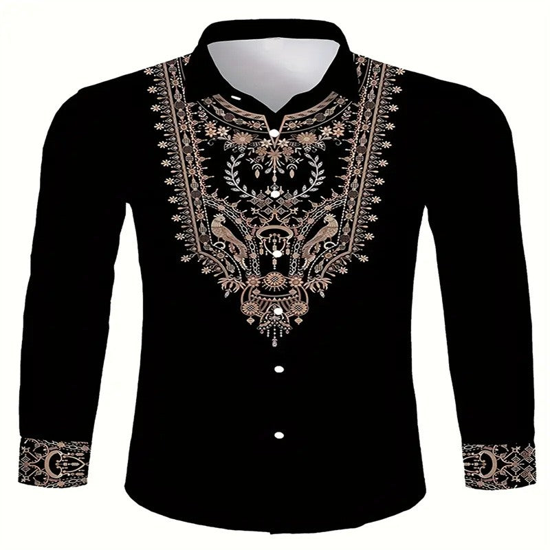 Men's black and red long sleeved shirt with fashionable Pegasus print button up shirt - long sleeved, lapel, non elastic fabric,