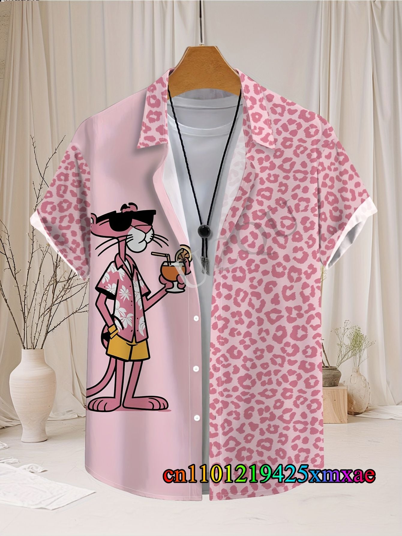 Summer New Men's Lapel Short Sleeve Hawaiian Shirt Leopard & Pink Panther Print Hawaii Vacation Casual Fashion Kids/Adult Tops