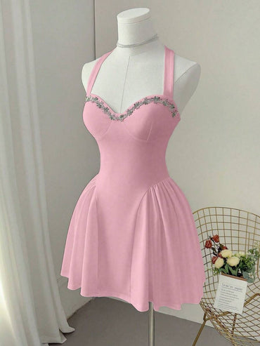 Women Summer Sweet Pink Knittd Mini Suspender Dress Sleeveless Heart Neck Waist Cinching Pleated A-Line Fashion Elegant Dress