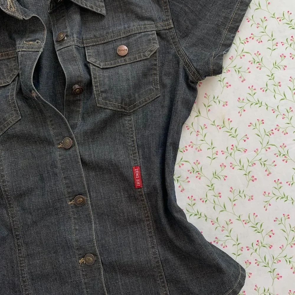 Y2k retro solid color denim material women T-shirt single-row button Harajuku slim short denim shirt casual top