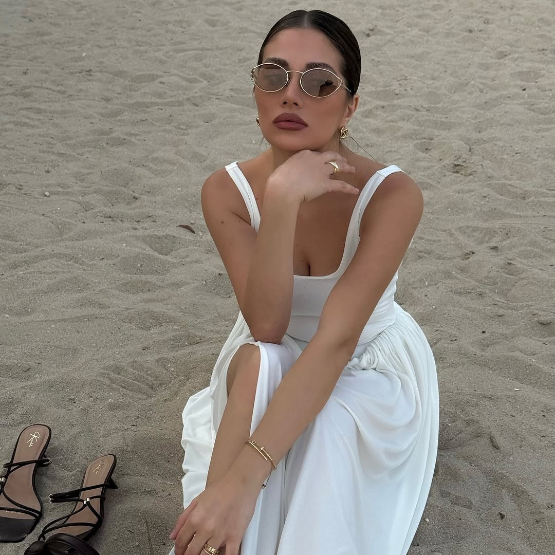 Women Sleeveless High Waist Split Sling Dresses White Elegant U Neck Irregular P