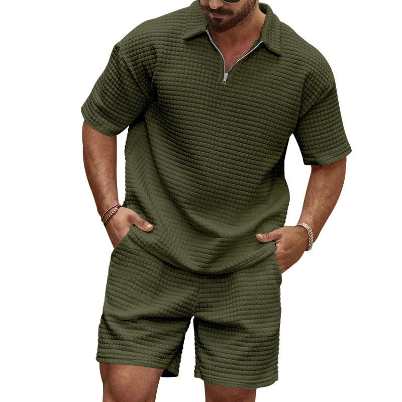2024European and American Men's Spring and Summer Trends Youth Outdoor Lapel Small Plaid Short Sleeve Shorts Sports Suit