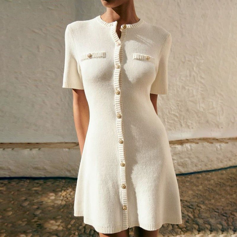 White Elegant Knitted Mini Dress For Women Metal Button Sexy Slim Rib Sweater Dr