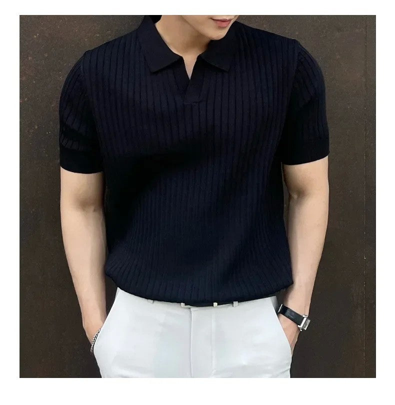 Trendy Polo Shirt For Men Summer Solid Color Top Versatile Knit Style Korean Short Sleeves Casual Fashion T-shirt