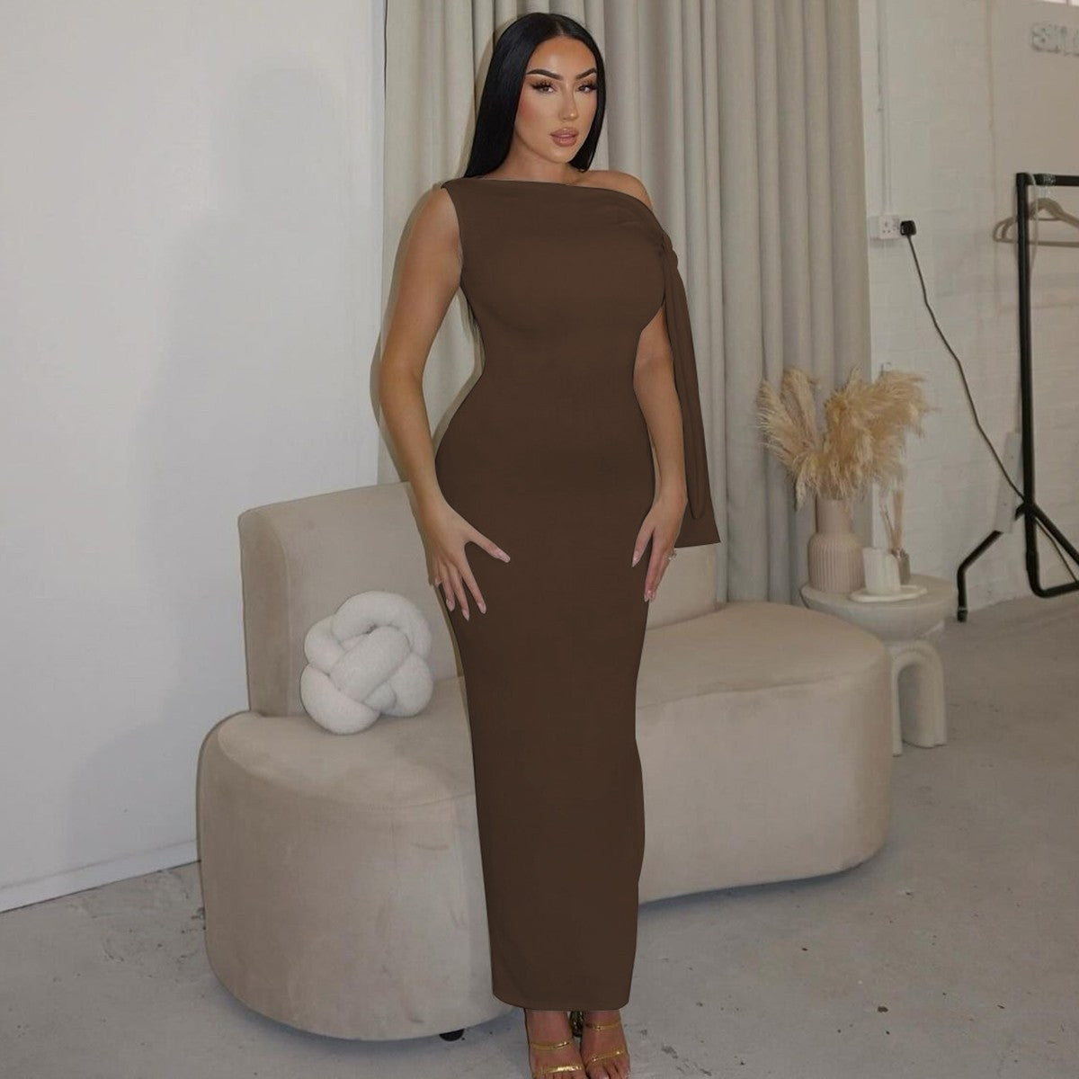 Hugcitar Fashion Solid O Neck Sleeveless Patchwork Sexy Bodycon Maxi Prom Dress