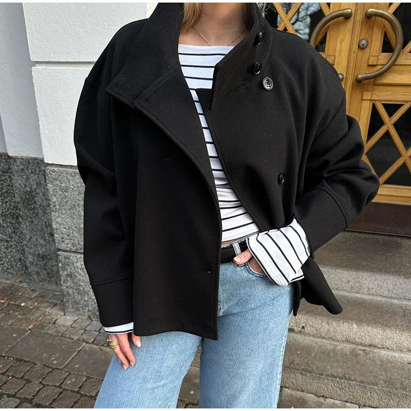 Women Fashion Stand Collar Woolen Jacket Single Breasted Long Sleeve Female Coat 2025 Autumn Chic Street Office Short Outerwears