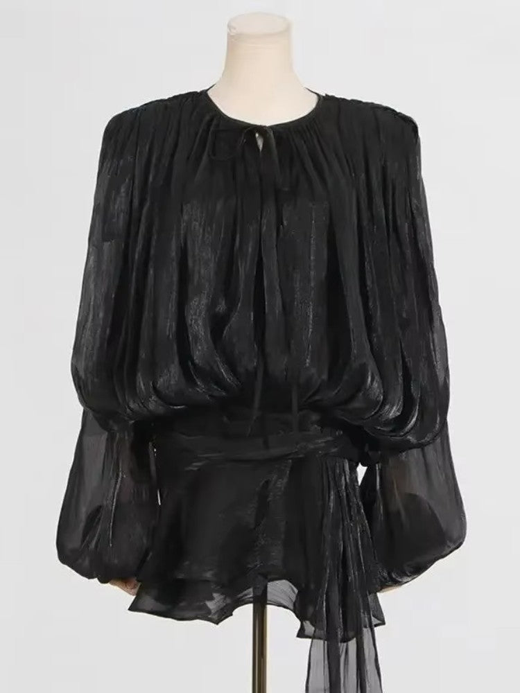 Elegant Ruffles Shiny Mini Dresses Fashion Solid Long Sleeve Lace Up V Neck Plea