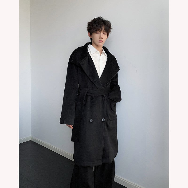 Men's Double-Breasted Wool Blend Overcoat with Belt Loose Fit Solid Color Stand Collar Mid-Length Trench Coat for Autumn Winter