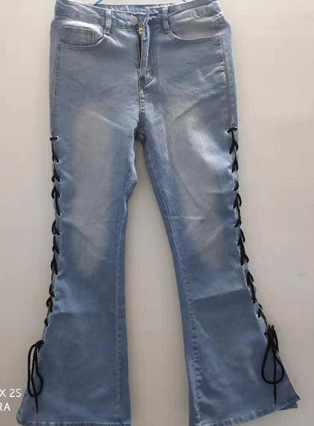 Stretch Braided Women Rope Flared Pants Denim Pants Ladies Push Up Trousers Bell Bottom Jeans Pants High Waist Free Shipping