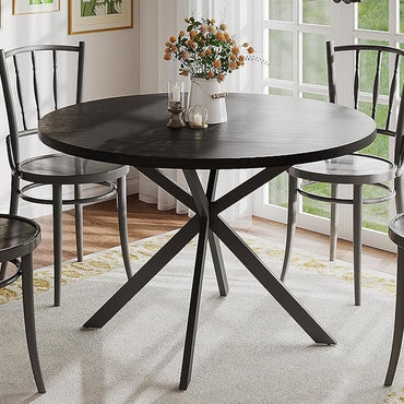 47.2 Inch Round Farmhouse Dining Table, Wooden Kitchen Table for 4, Black Circle Table for Dining Room