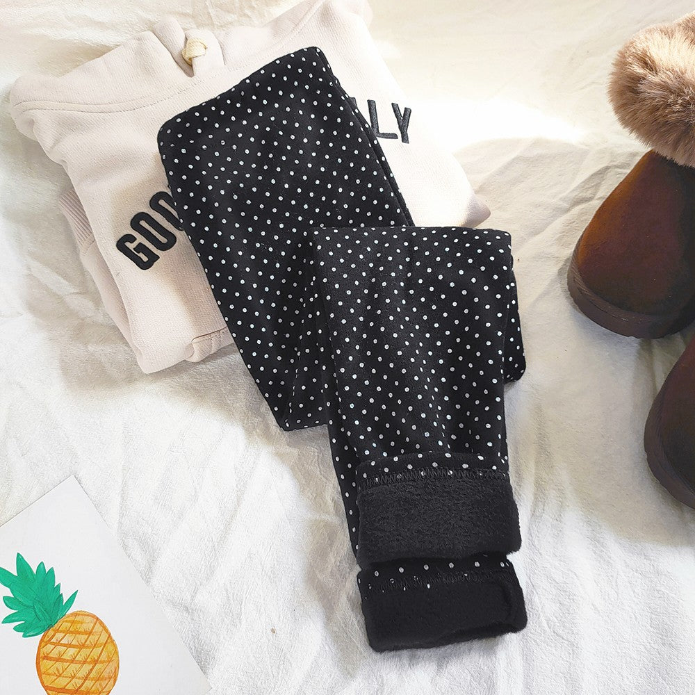 Girls Cotton Dot Print Leggings Autumn Winter Kids Fleece Warm Pants Baby Girl Slim Plus Thicken Trousers Children Clothes
