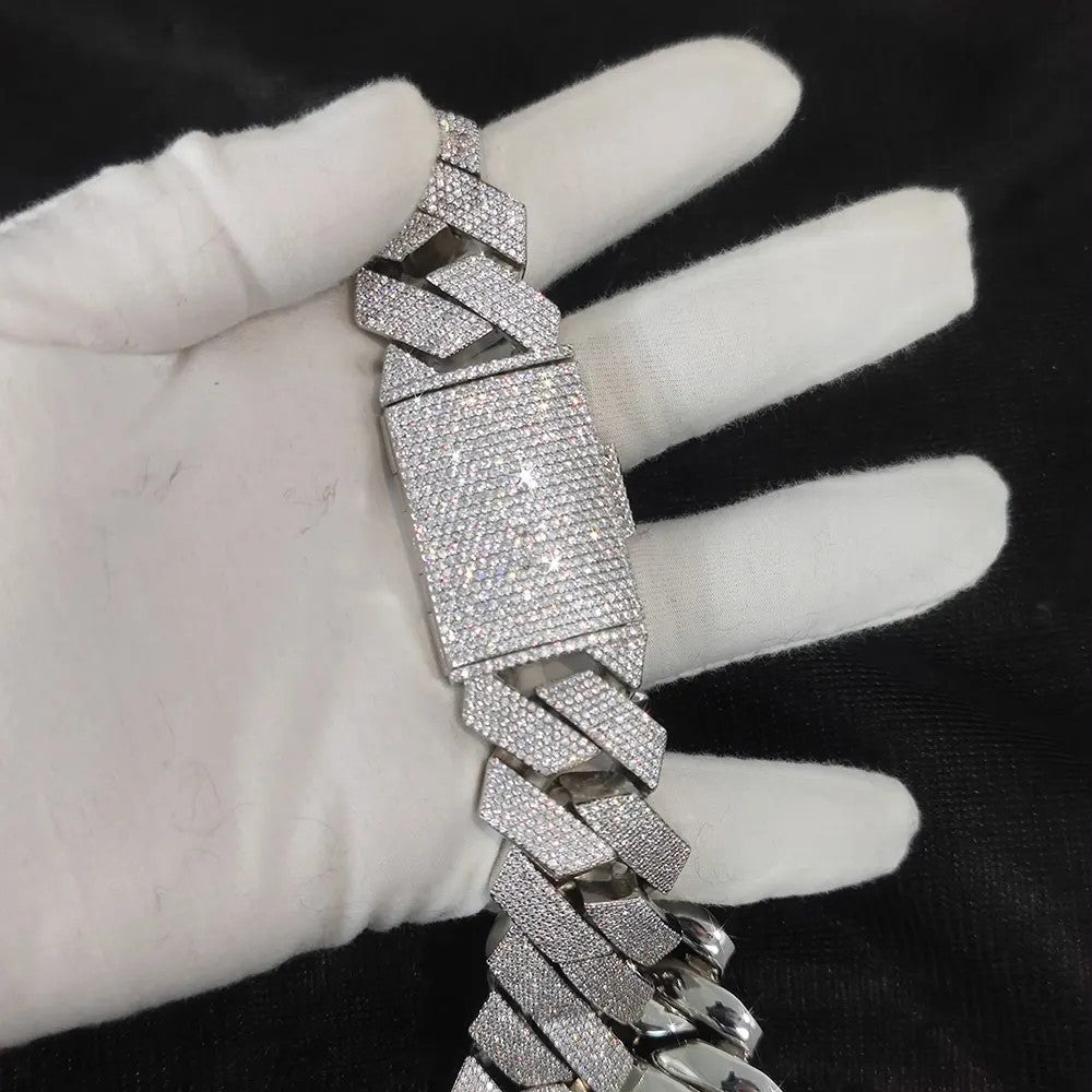 Colar Masculino/Feminino Folheado a Ouro Branco/18k com Corrente Cubana Grossa de 15mm com Duas Fileiras de Zircônias Cravejadas, Joia de Hip Hop com Zircônias Cravejadas, Presente