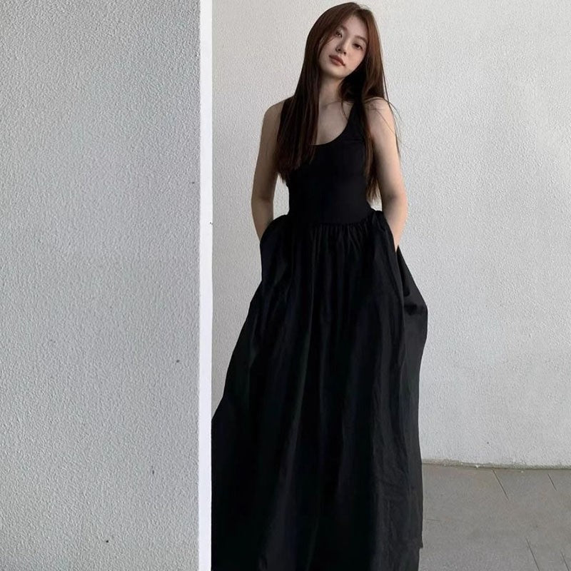 Black Strapless Long Dress Women Fashion Slim Sleeveless O-Neck High Waist Dress