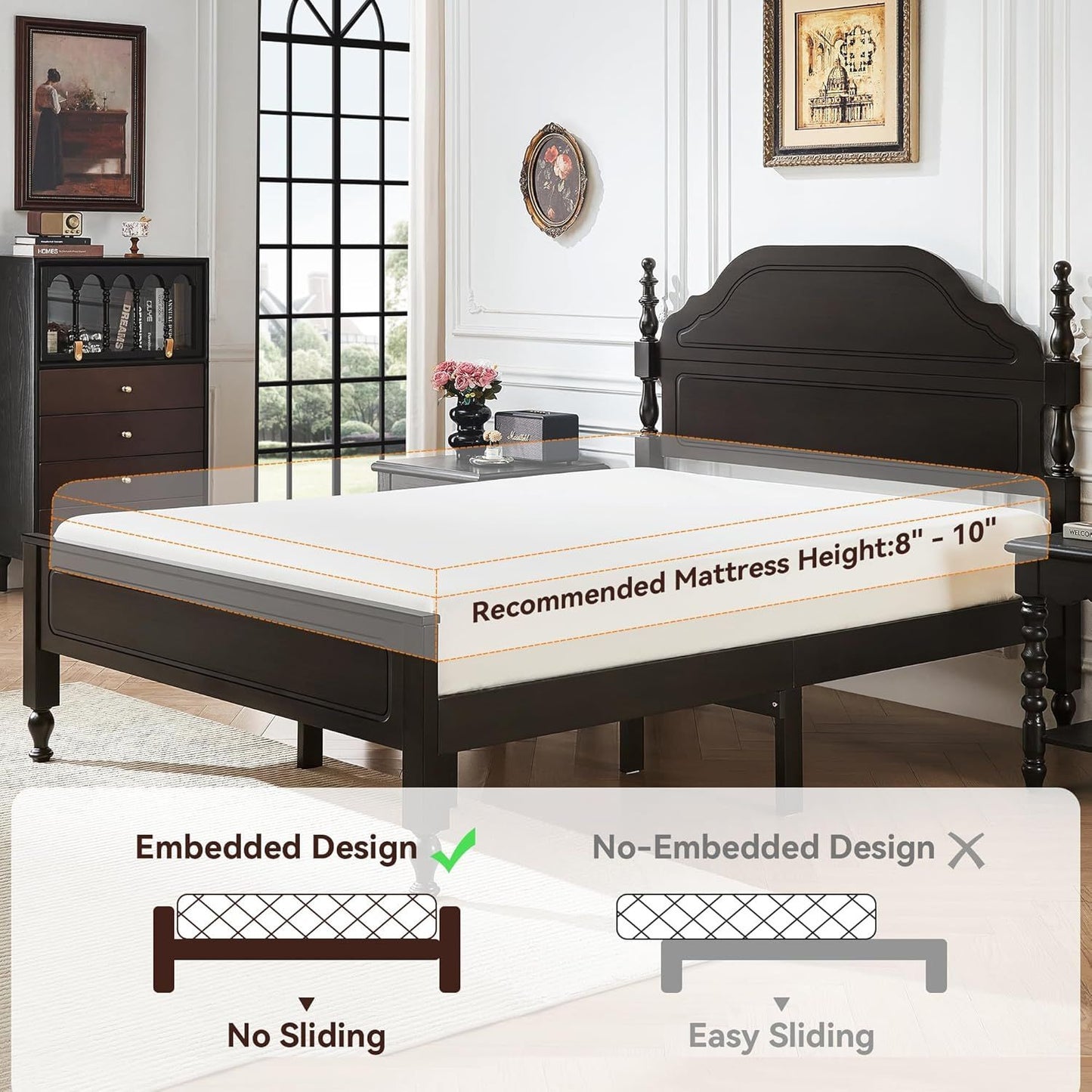 Solid Wood Queen Bed Frame, Stable & Sturdy Queen Size Bed Frame with 50" Tall Headboard and Footboard, Heavy Duty Wood