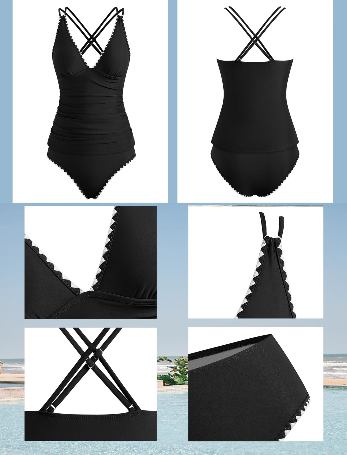 Womens Tankini Swimsuits V Neck Push Up Swim Top Color Block Tummy Control High Waisted Bathing Suits Swim Bottom