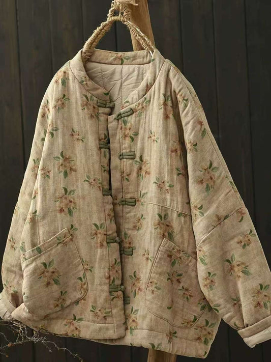 Johnature Vintage Buckle Floral Print Chinese Style Parkas 2025 Woman Winter New Long Sleeves Loose Single Breasted Parkas