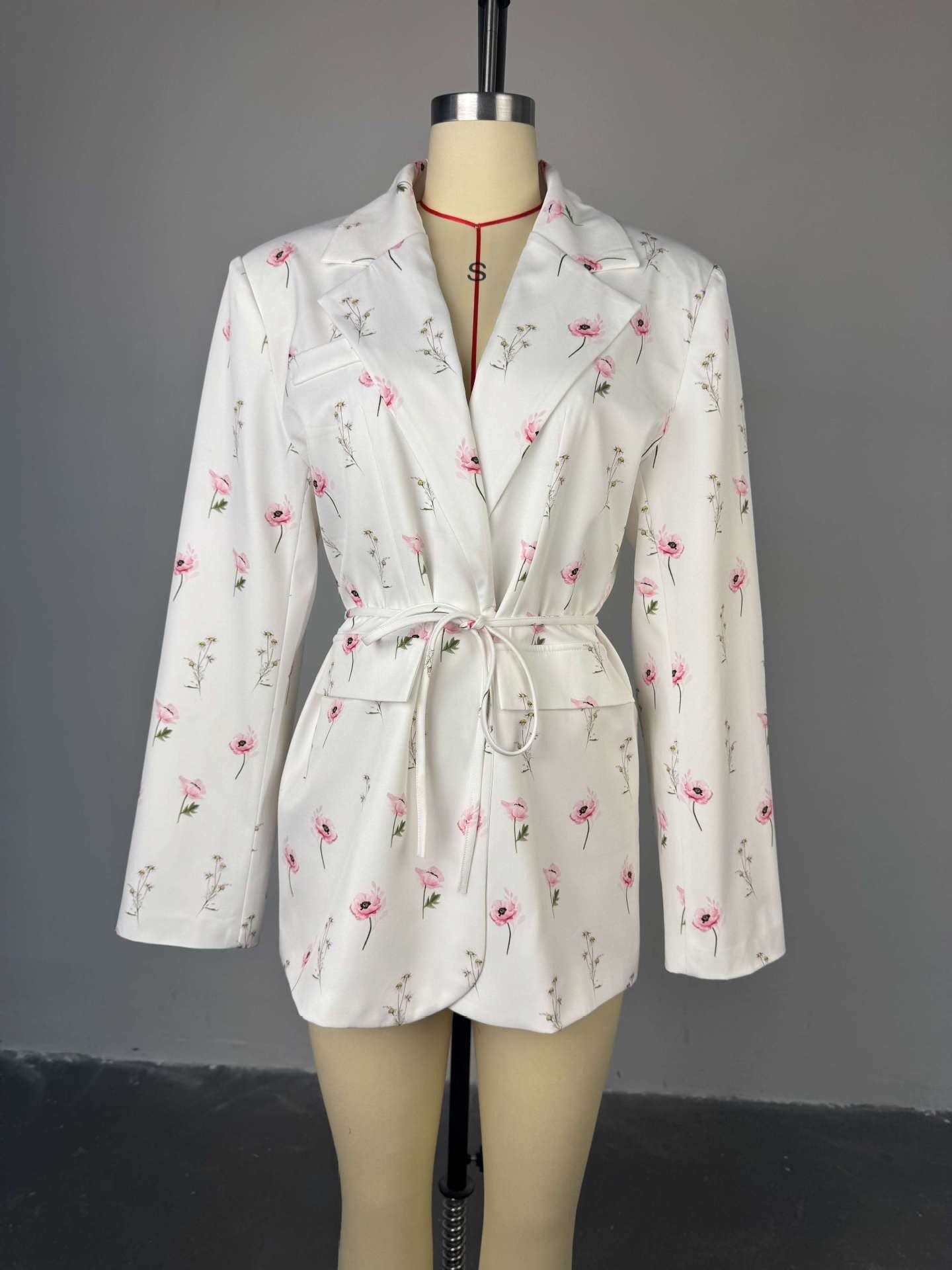 Women's 2025 Spring/Summer New Fashion Printed Loose Suit Collar Belted Waist - cinching Suit Jacket