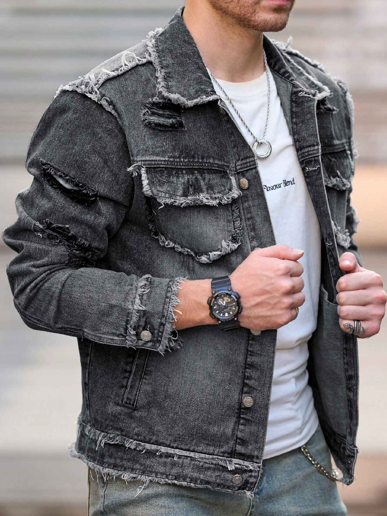 1Pc Men's Four Seasons Destroyed Stone Washed Light Jacket Daily American Street Casual Denim Jacket (No Hood/No Accessories)