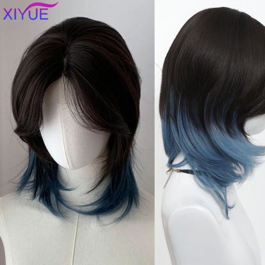 XIYUE synthetic Black And blue Mullet Head Wig Synthetic Straight Fluffy Natural Wolf Tail Hair for Daily Use Party Cosplay