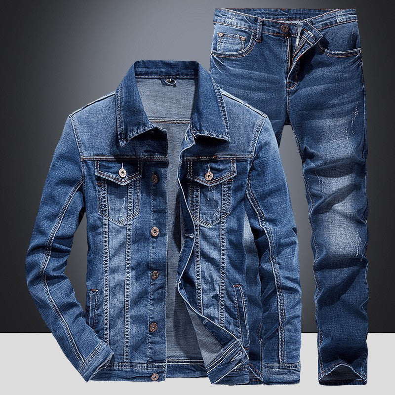 Sets Blue Jean Jackets Men's Fashion Multi Pockets Loose Casual Cotton Vintage Street Cowboy Coats Brand Clothes Denim Pants Men