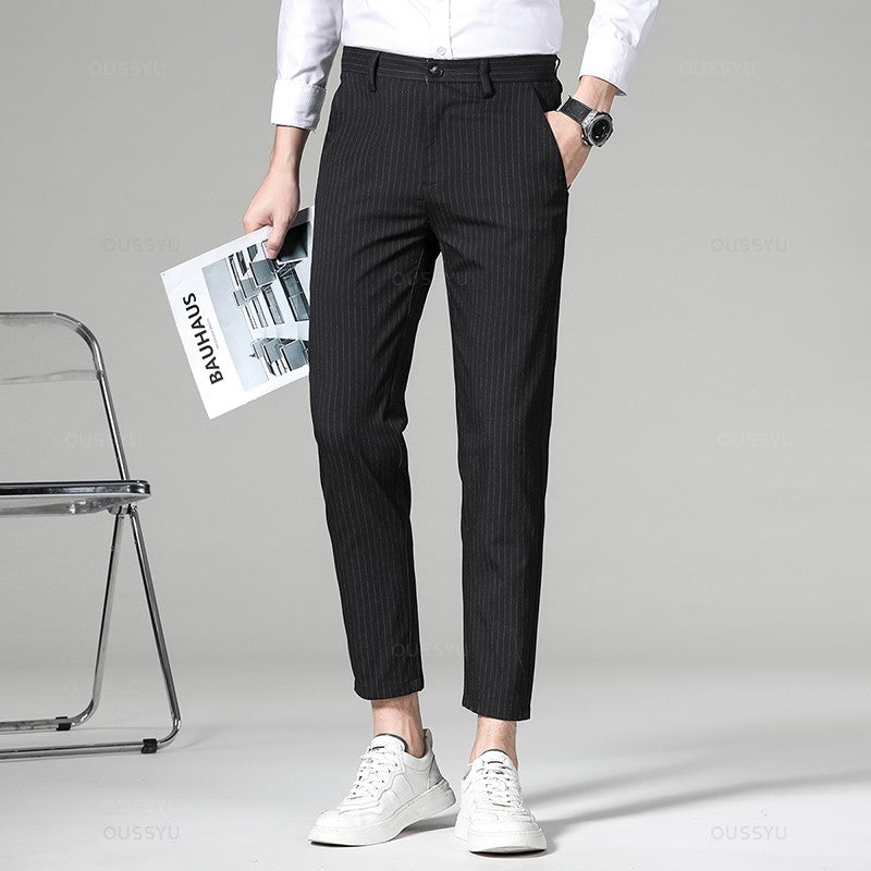 High Quality Plaid Stripe Ankle Length Pants Men Business Long Length Pant Straight Korea Grey Black Suit Formal Trousers Male