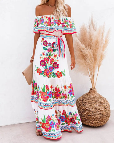 2024 Spring Summer New Independent Stand Amazon Off-shoulder Red Flower Printing Long Dress Oversized Wide Hemline Sleeveless