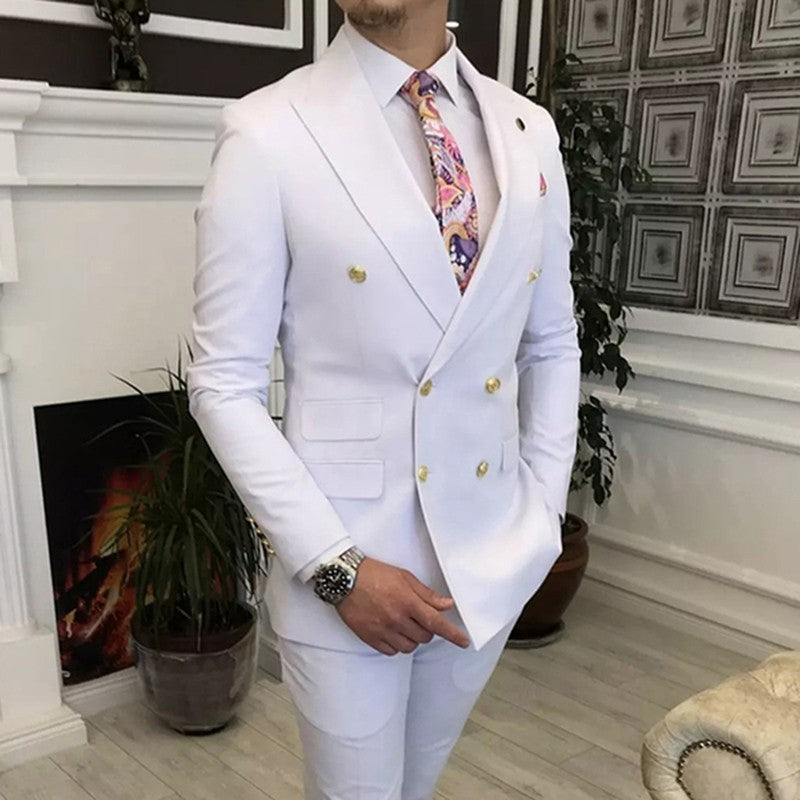 Double Breasted Men Suits with Peaked Lapel Slim Fit 2 Piece Groomsmen Wedding Tuxedo Male Fashion Prom Costume Jacket Pants Set